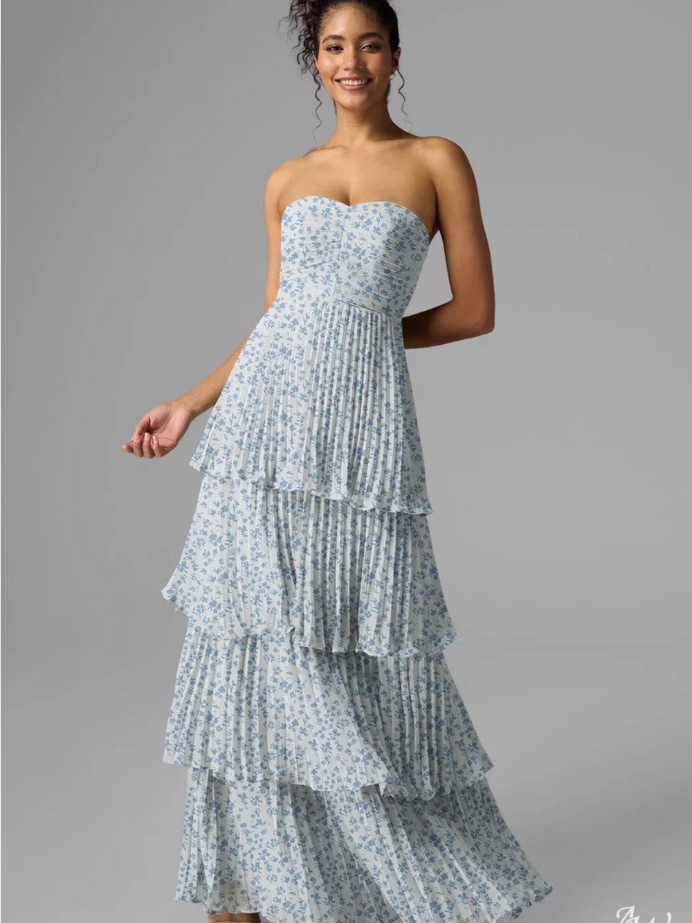 Strapless Floral Tiered Maxi Dress in Light Blue